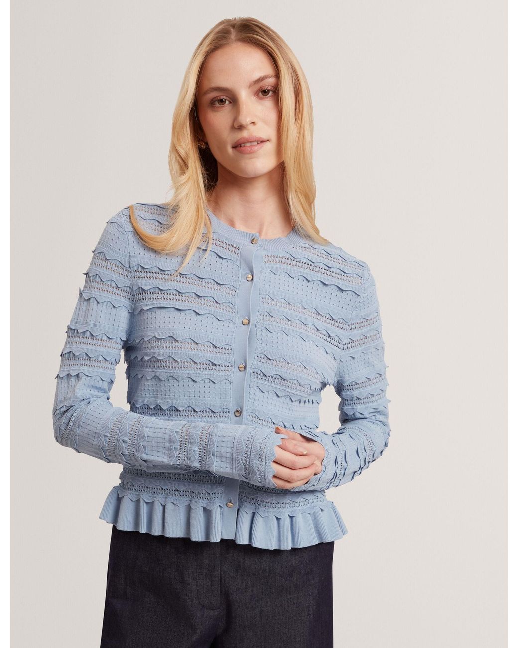 Ted Baker Blue Avria Frilled Hem Knitted Crew Neck Cardigan