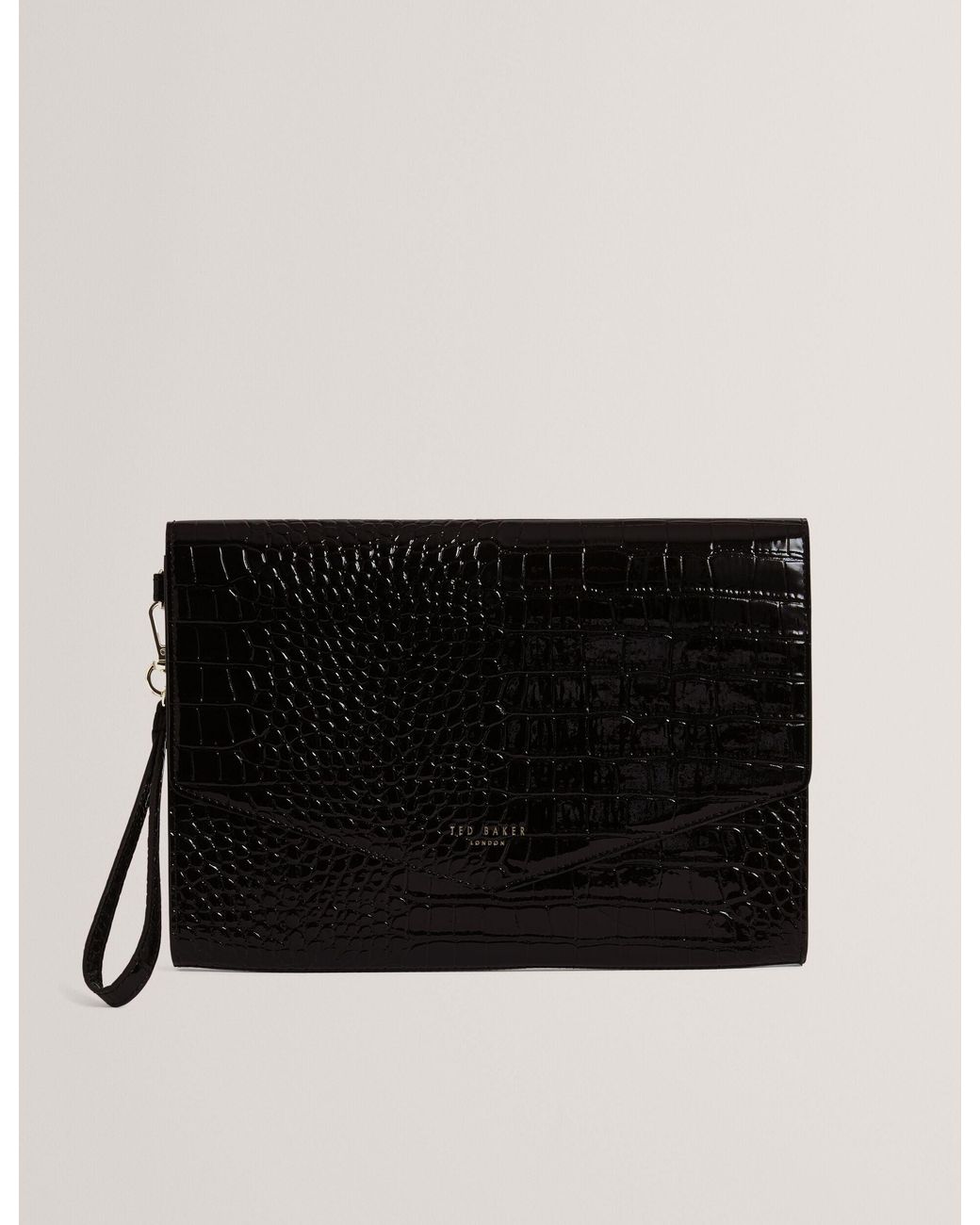 Ted Baker Black Wesslie Patent Croc Effect Envelope Icon Clutch Bag