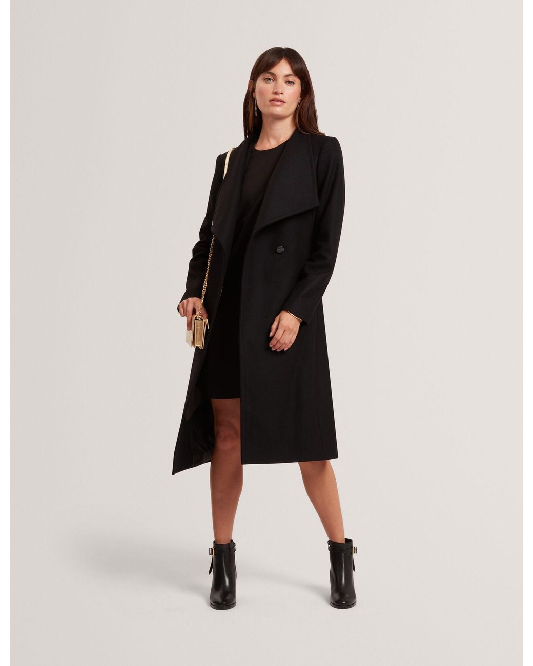 Ted Baker Black Rose Mid Length Belted Wool Wrap Coat