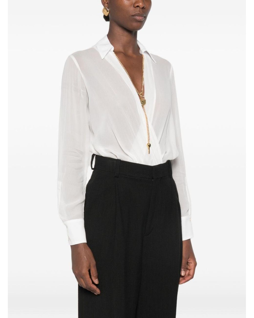 Elisabetta Franchi White Voile Shirt Bodysuit With Jewel Necklace