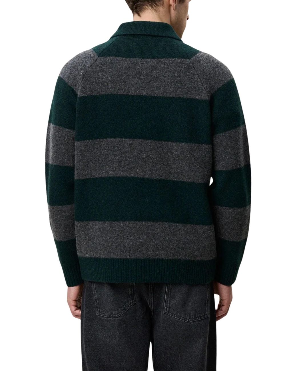 Les Deux Green Striped Melange Knitted Polo for men