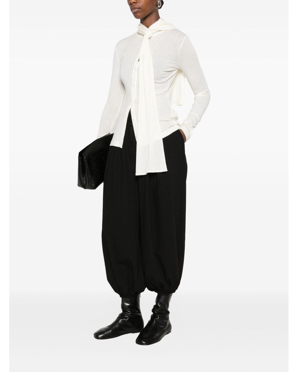 Totême White Ribbed Bow Blouse