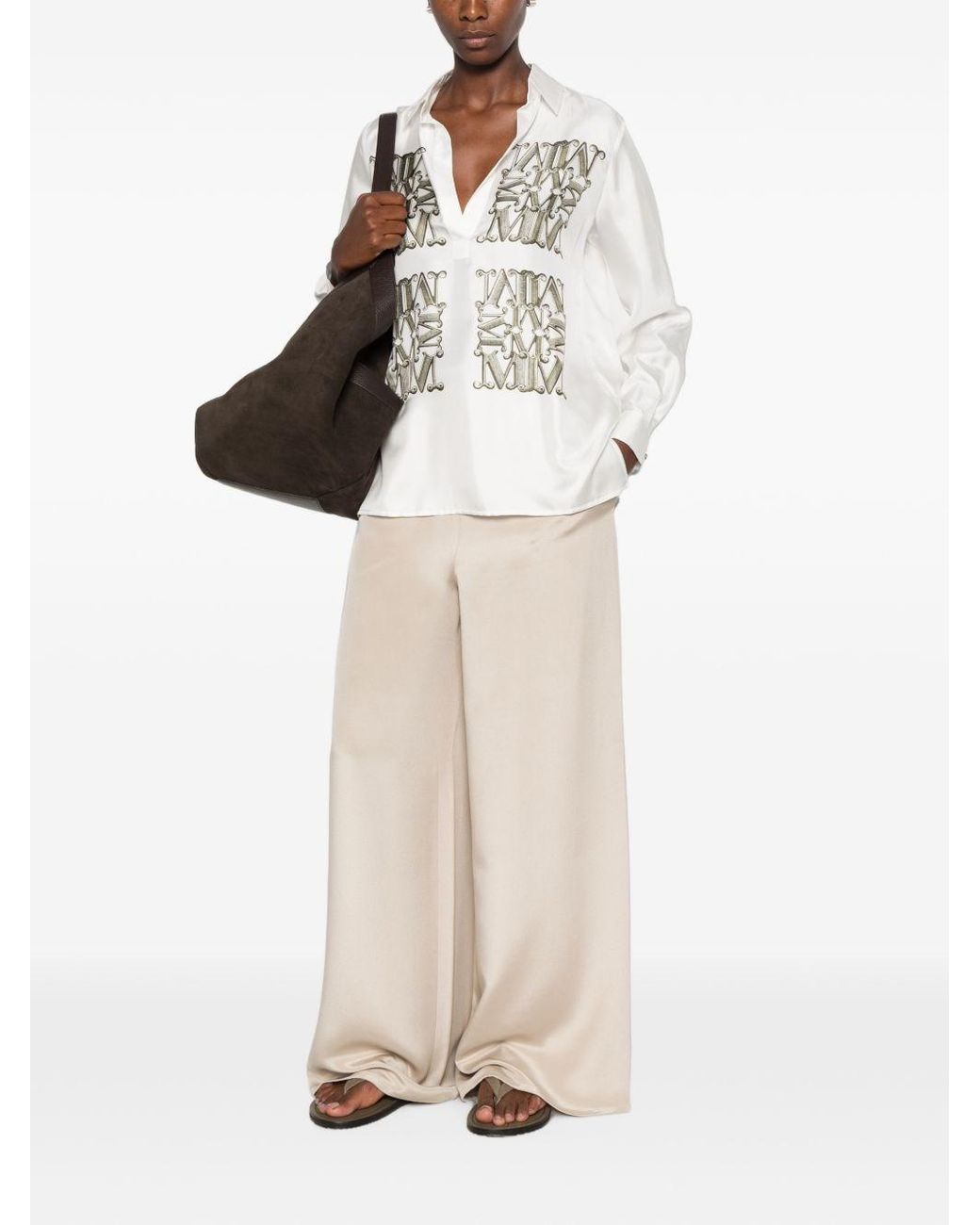 Max Mara White Logo Print Silk Shirt