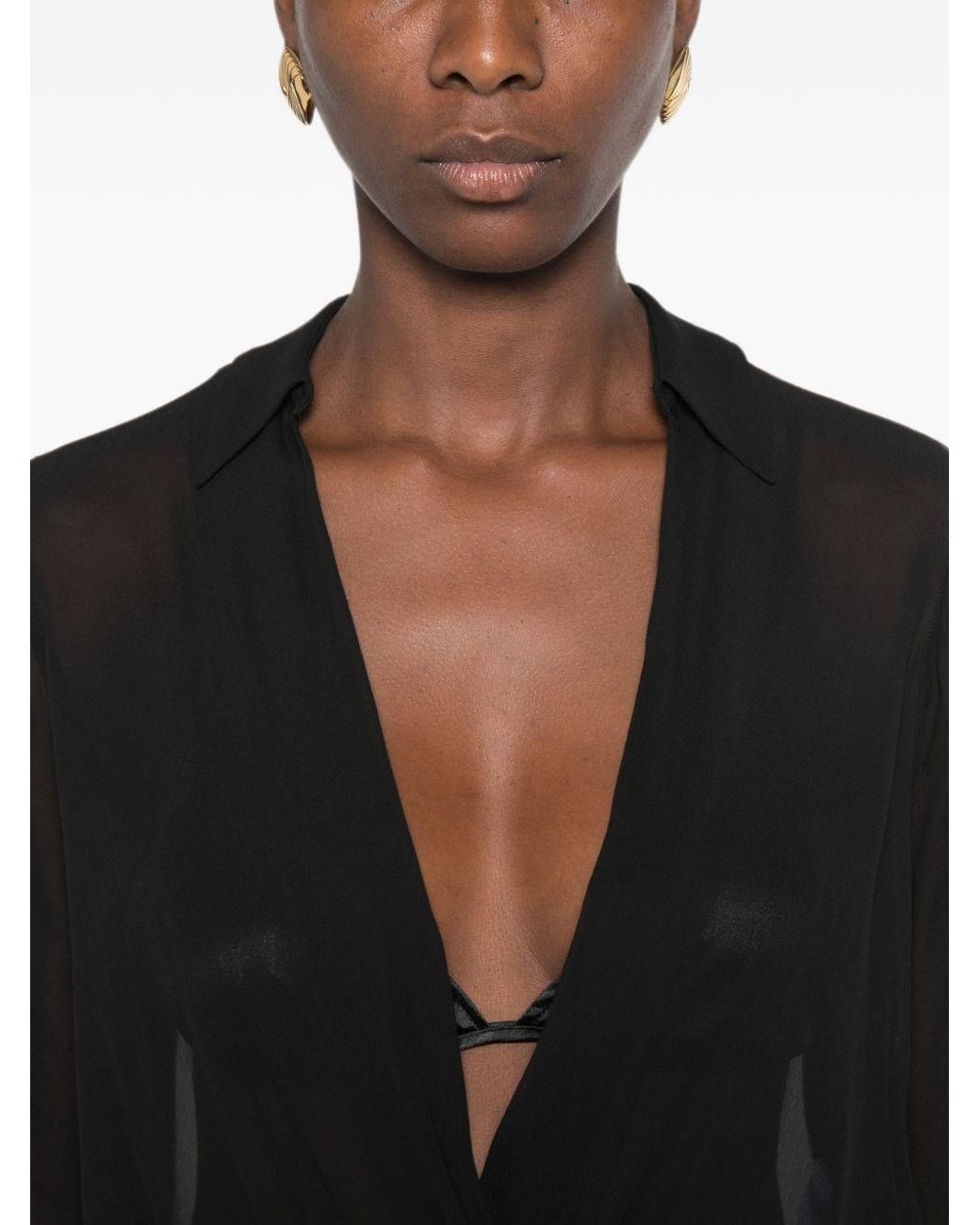 Elisabetta Franchi Black Voile Shirt Bodysuit With Jewel Necklace