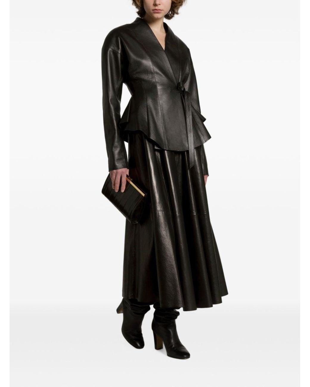 Alberta Ferretti Black Faux Leather Midi Skirt