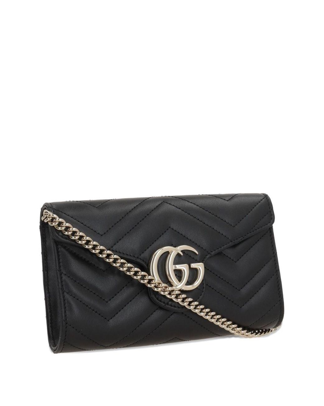 Gucci Black Gg Marmont Leather Wallet On Chain
