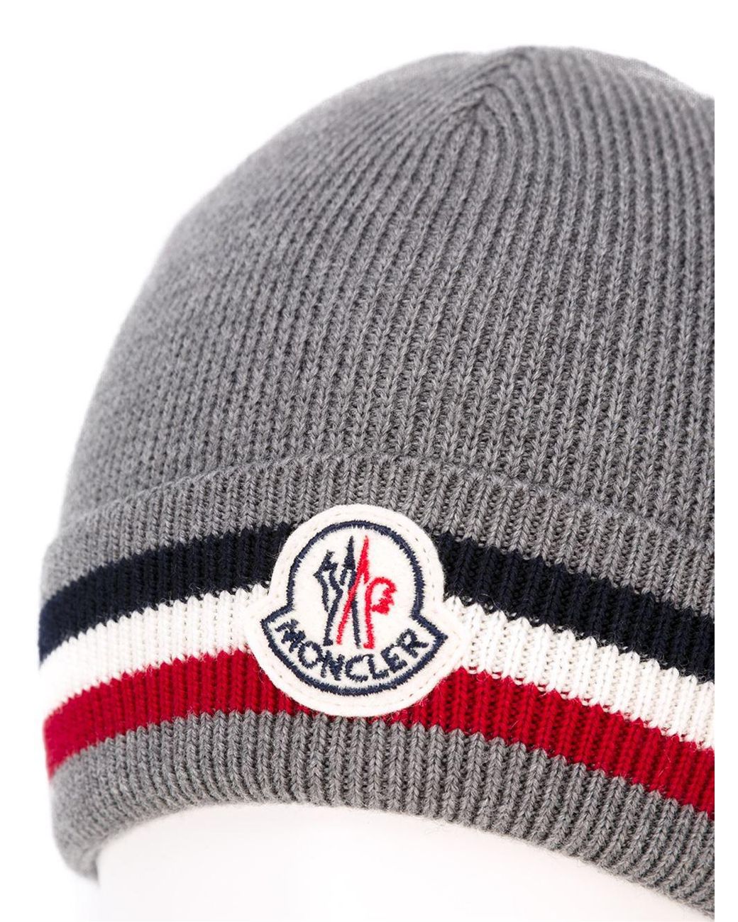 Moncler Striped Wool Beanie Hat in Grey 