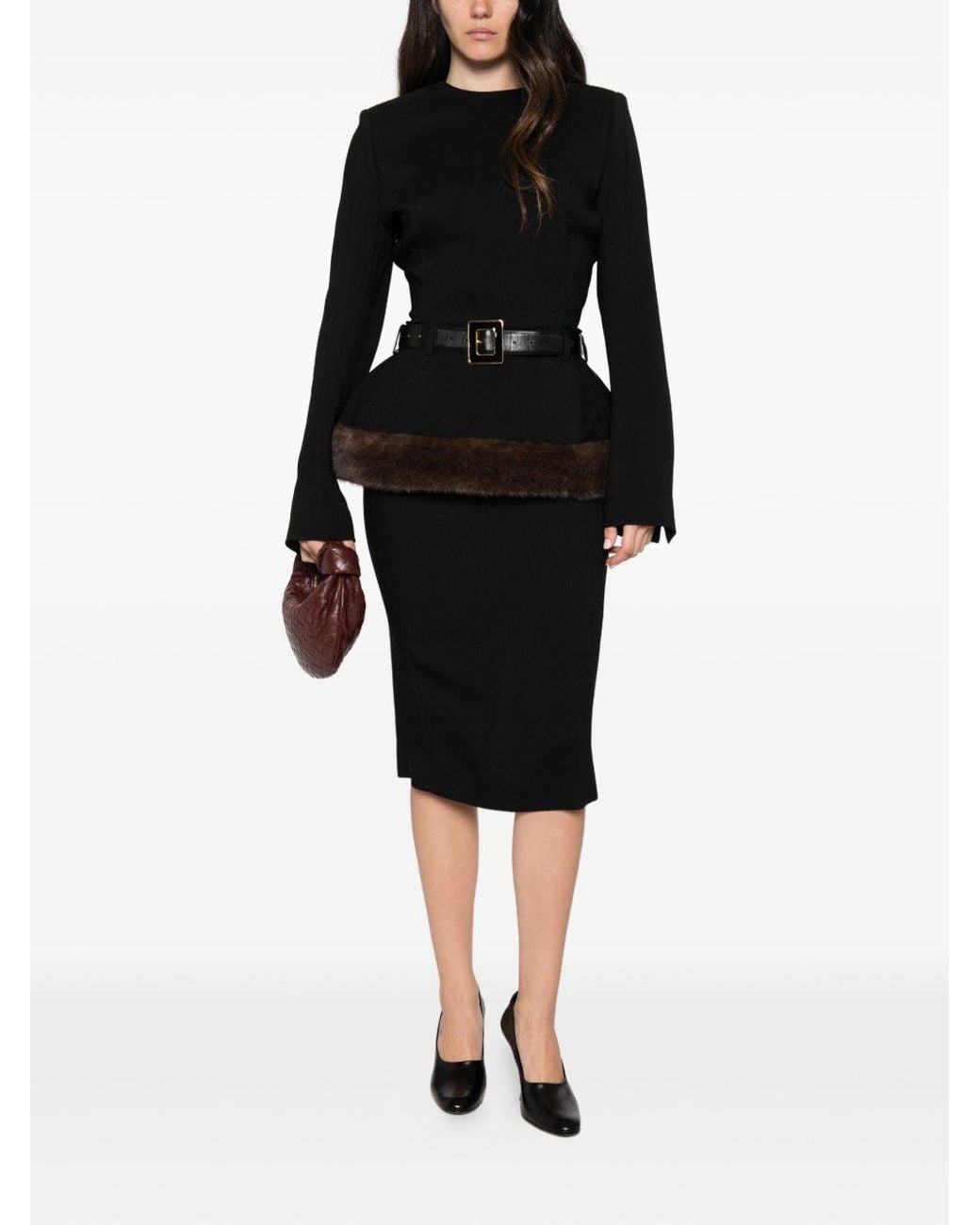 Stella McCartney Black Belted Faux Fur Trimmed Midi Dress