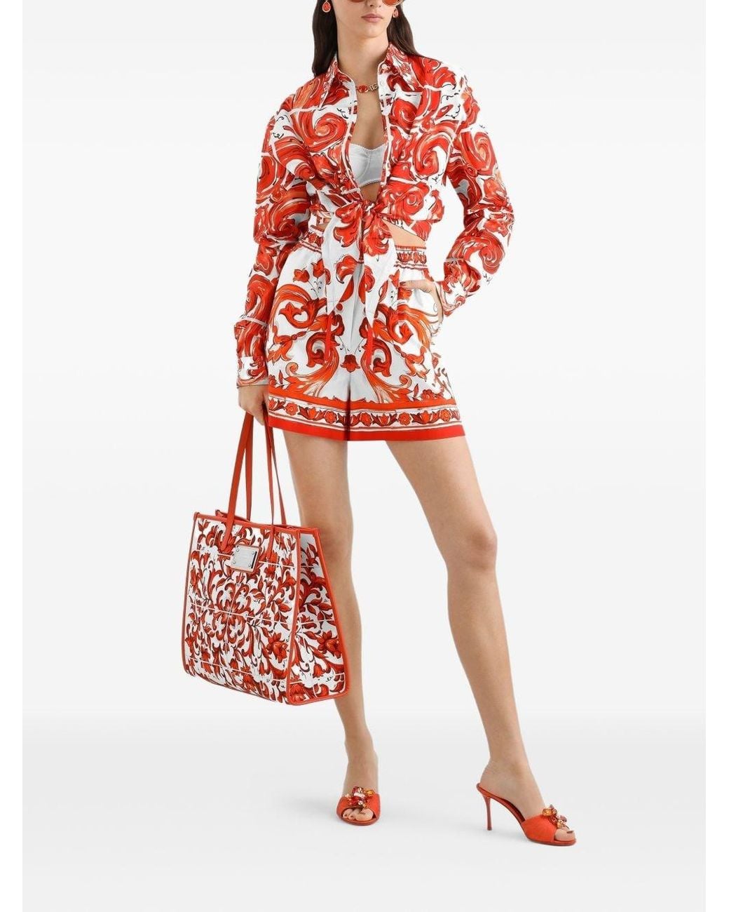 Dolce & Gabbana Red Dolce & Gabbana Poplin Shorts With Majolica Print