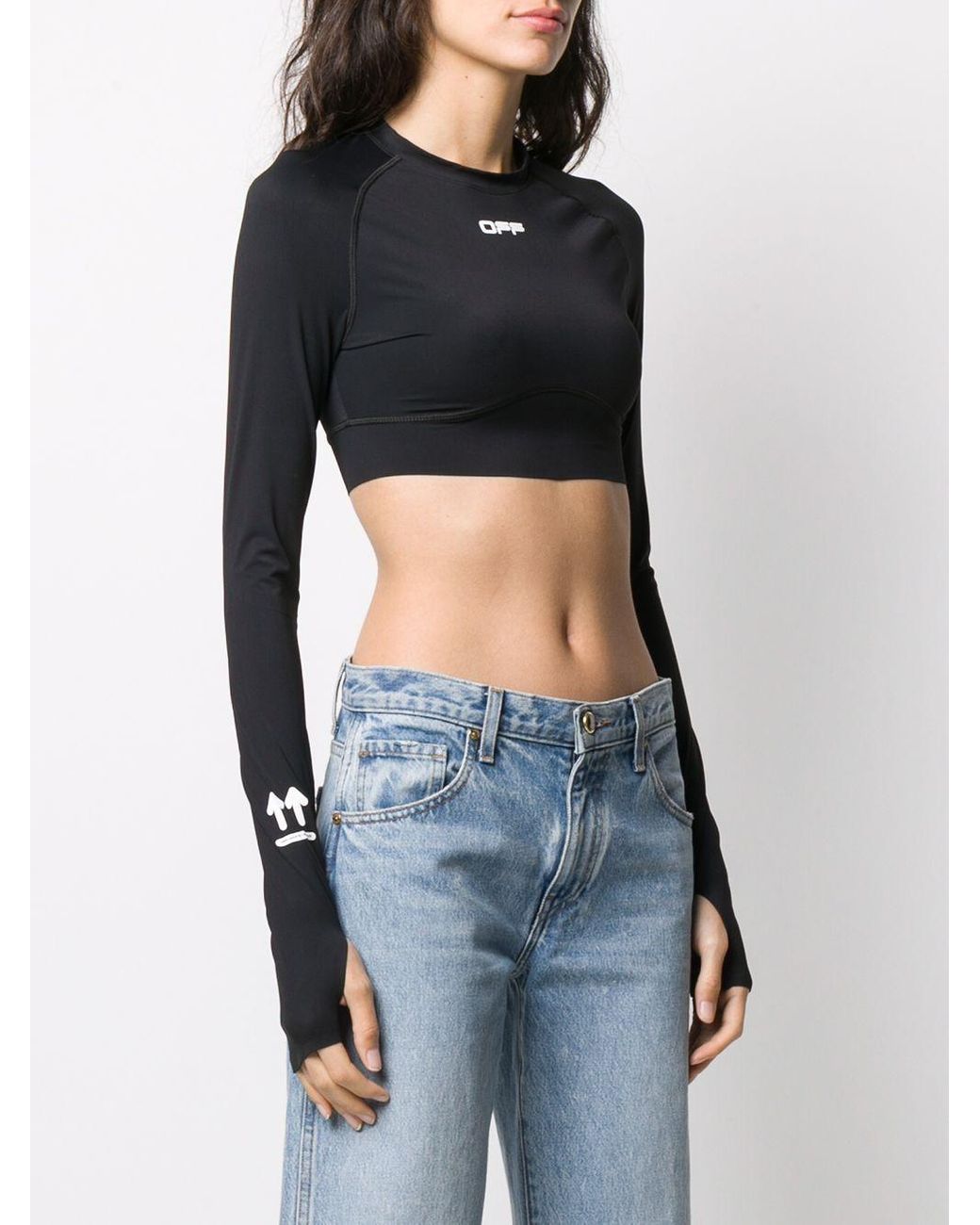 Off-White c/o Virgil Abloh Active Long Sleeve Crop Top in Black | Lyst
