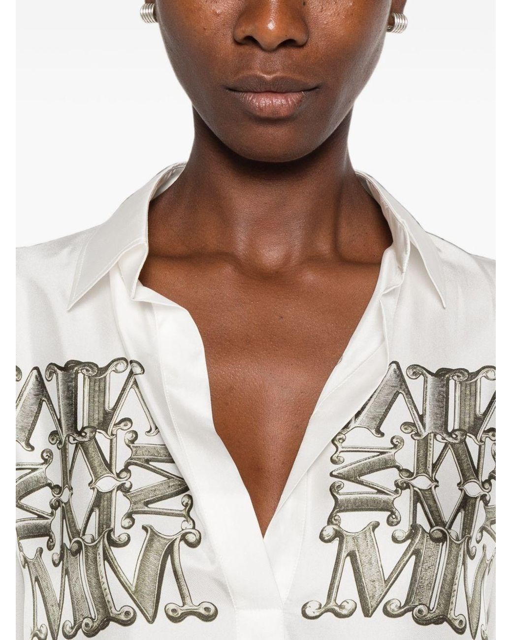 Max Mara White Logo Print Silk Shirt