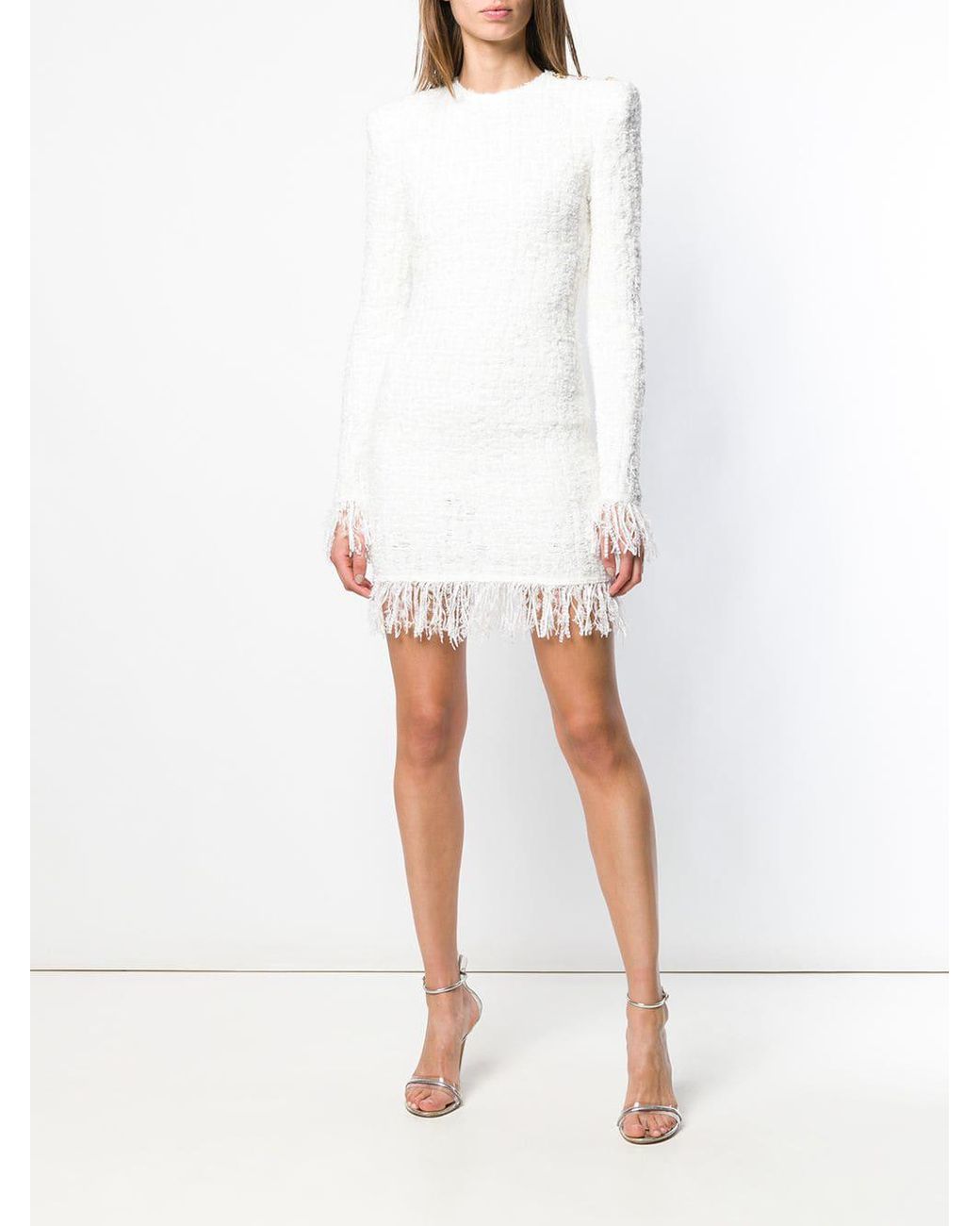 Balmain Fringed Tweed Dress in White | Lyst