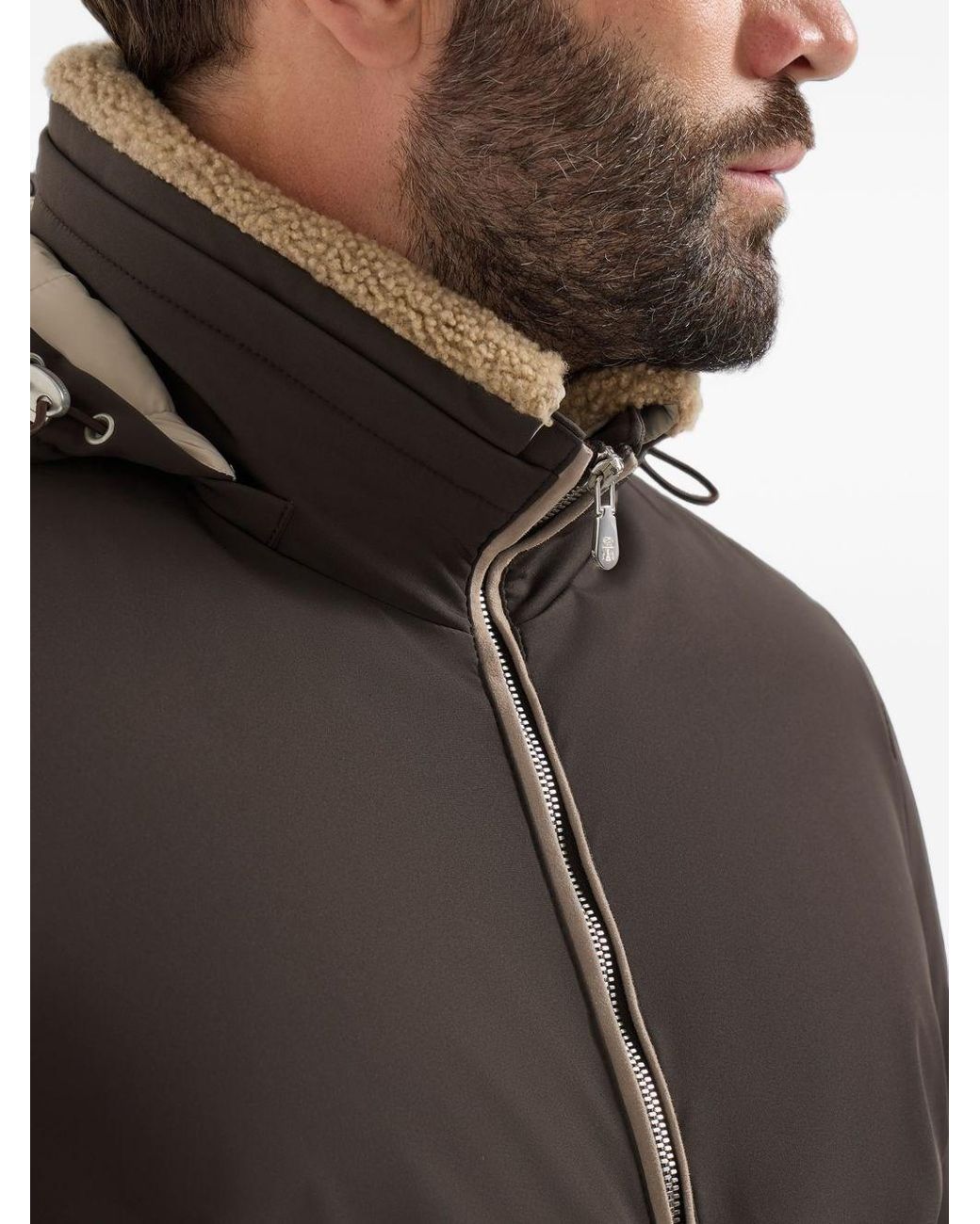 Brunello Cucinelli Brown Stretch Bonded Nylon Down Jacket With Detachable Hood for men