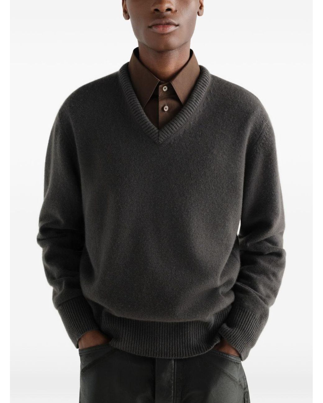 Lemaire Gray Cashmere V-Necked Sweater for men