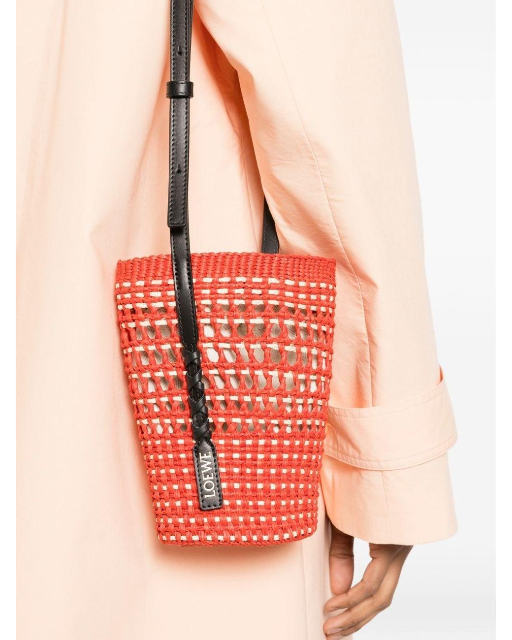 Loewe Red Paula's Ibiza Braid Rafia Bucket Bag