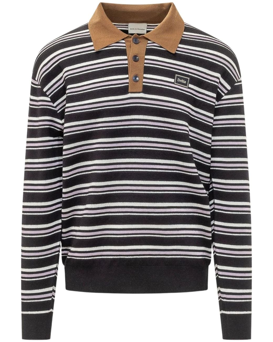 Drole de Monsieur Gray Striped Knit Long Sleeve Polo Shirt for men