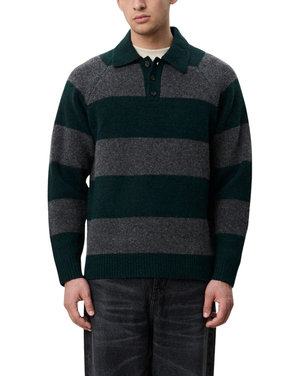 Les Deux Green Striped Melange Knitted Polo for men