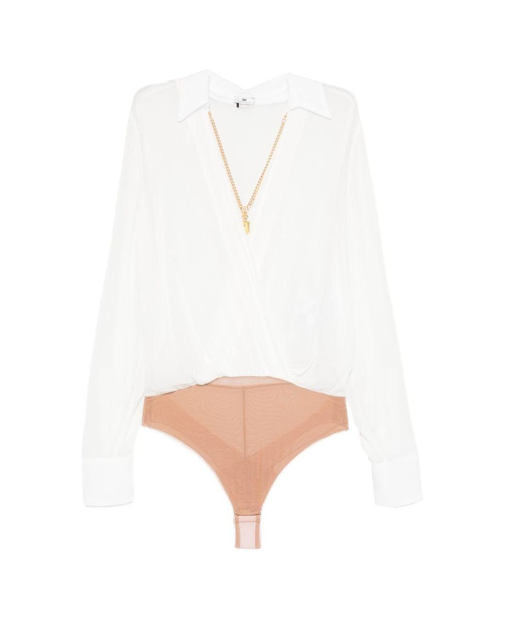 Elisabetta Franchi White Voile Shirt Bodysuit With Jewel Necklace