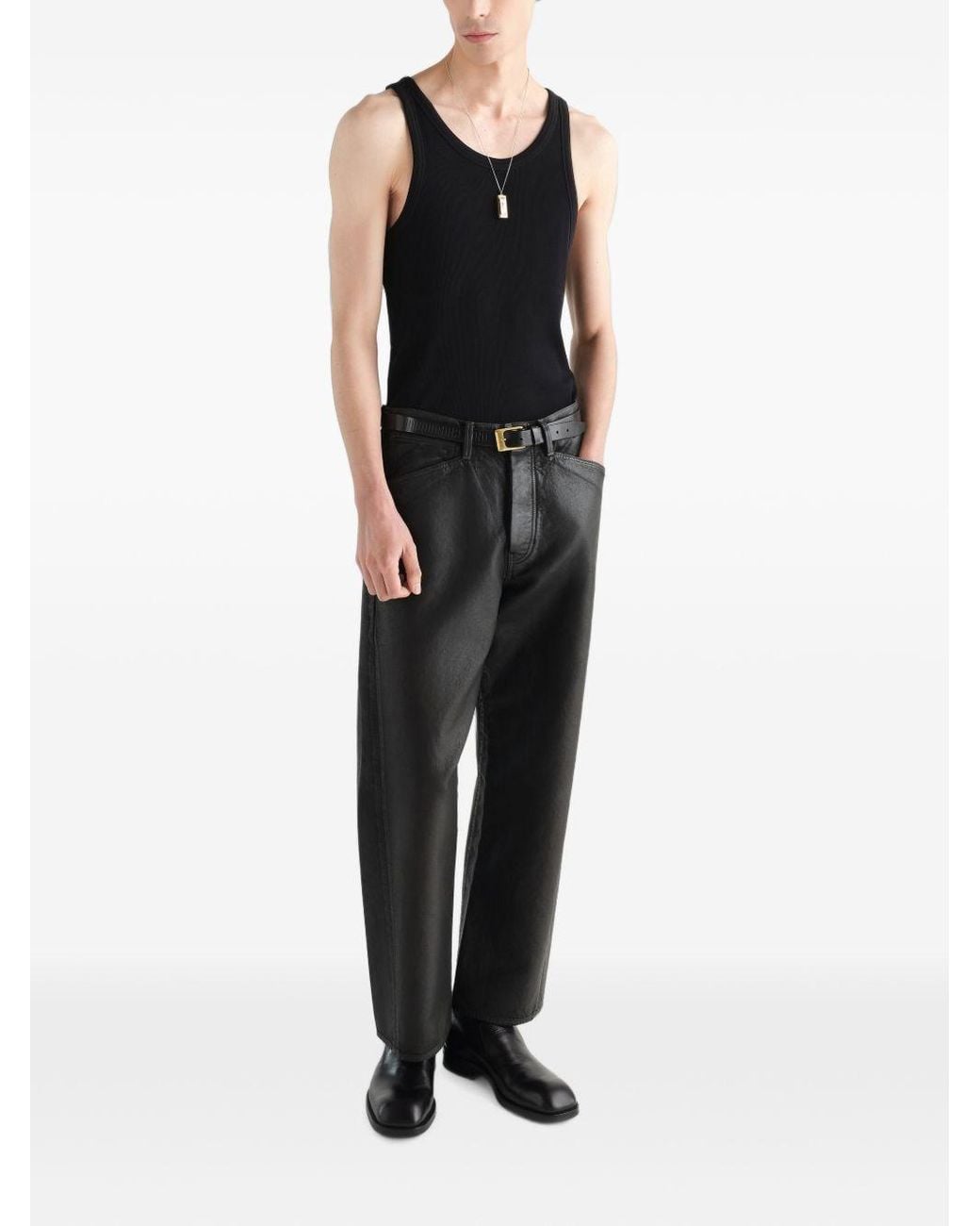 Lemaire Gray Leather Straight Leg Trousers for men