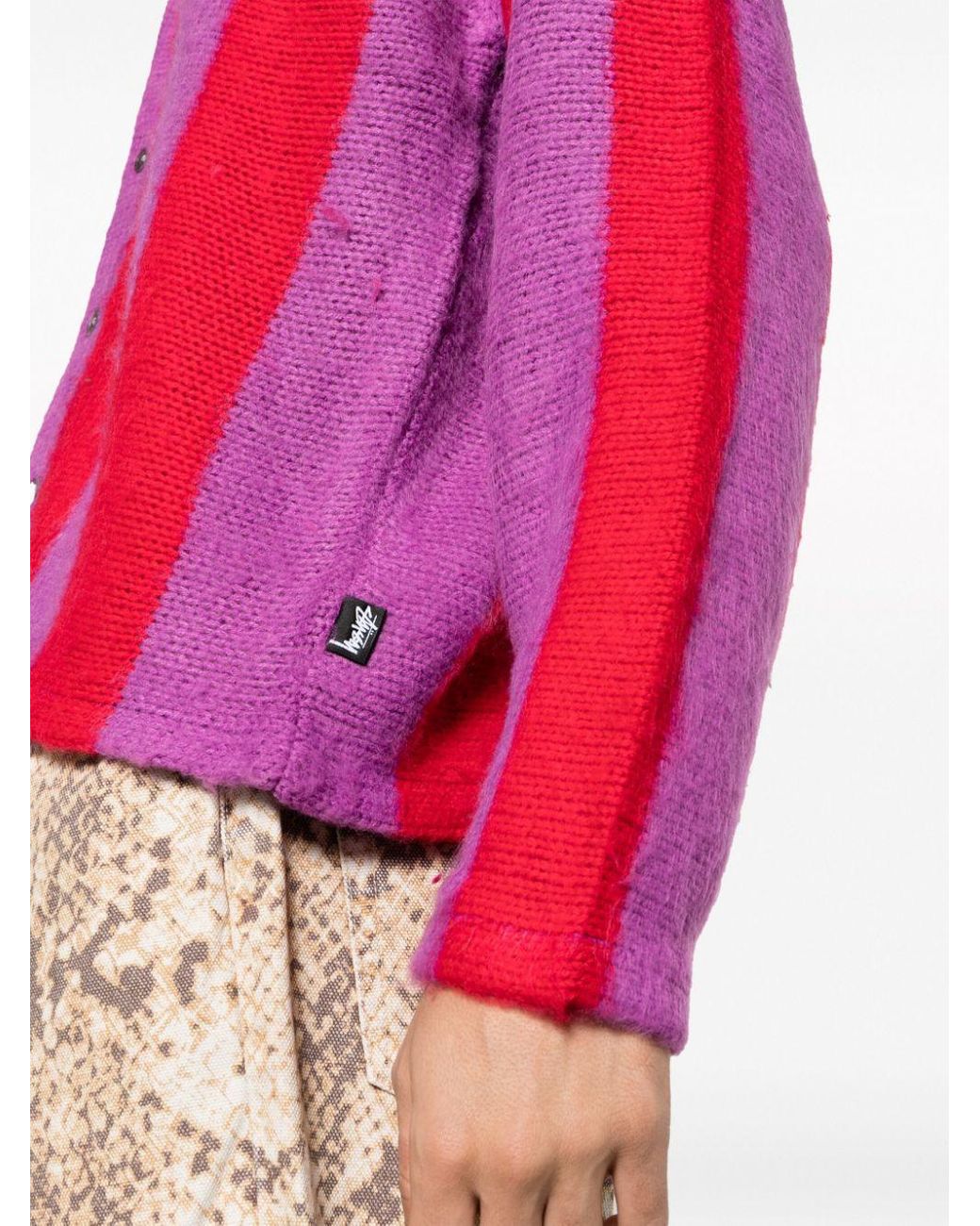 stussy stripe cardigan バーガンディ Stüssy Red & Purple Stripe Cardigan Stussy