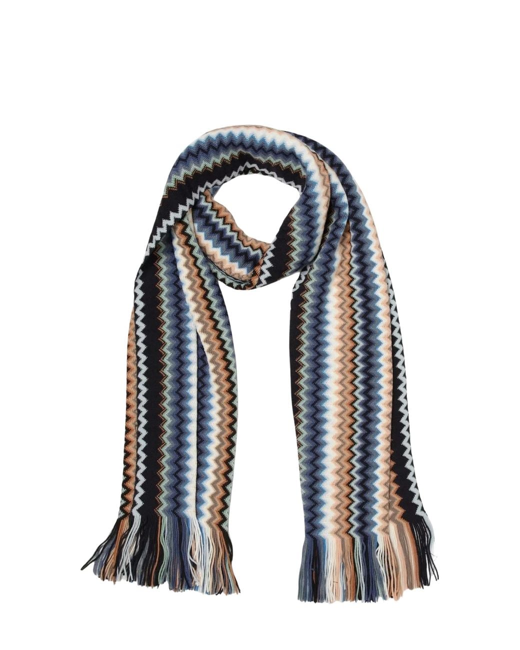 Missoni Blue Zigzag Knit Fringed Scarf for men