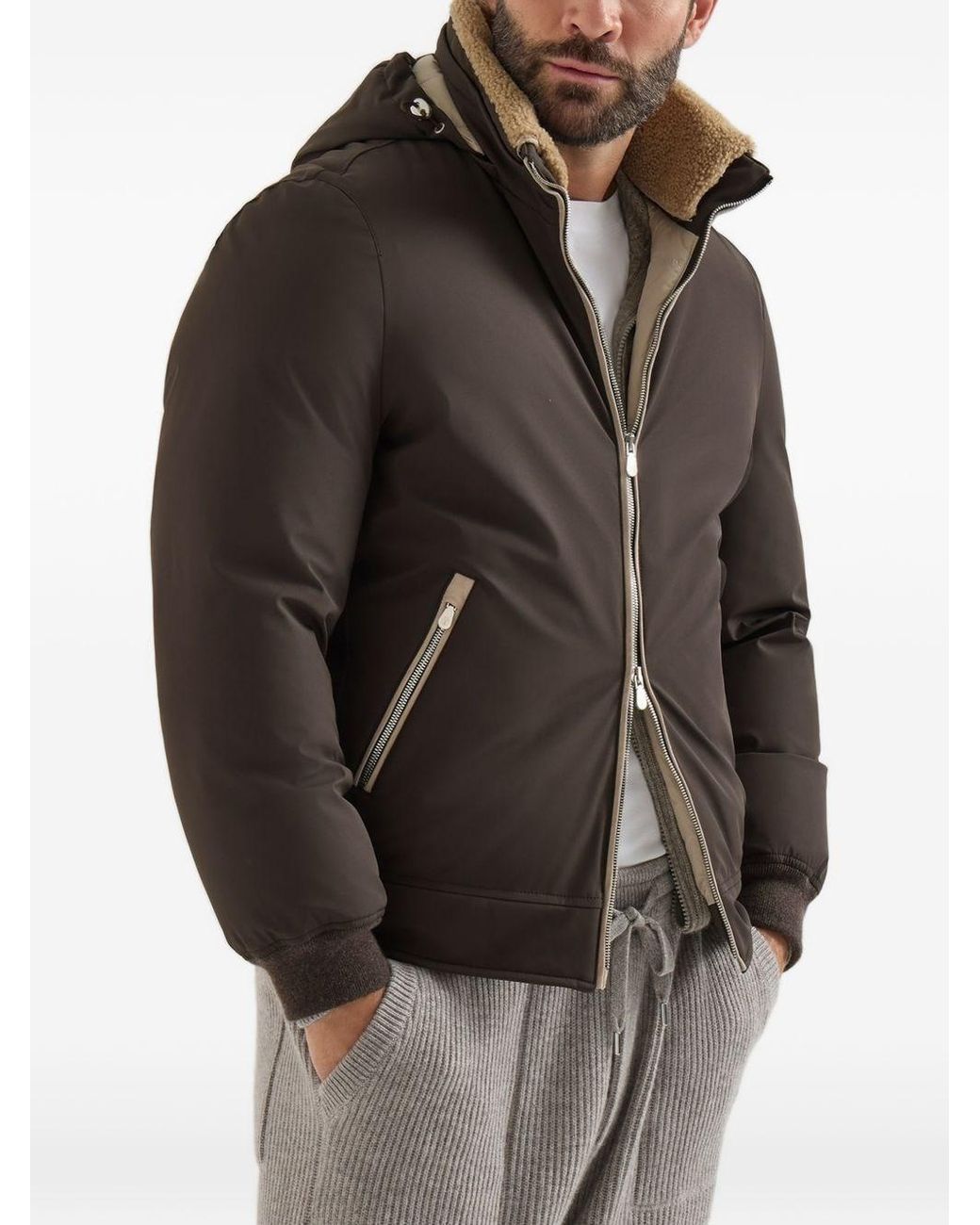 Brunello Cucinelli Brown Stretch Bonded Nylon Down Jacket With Detachable Hood for men