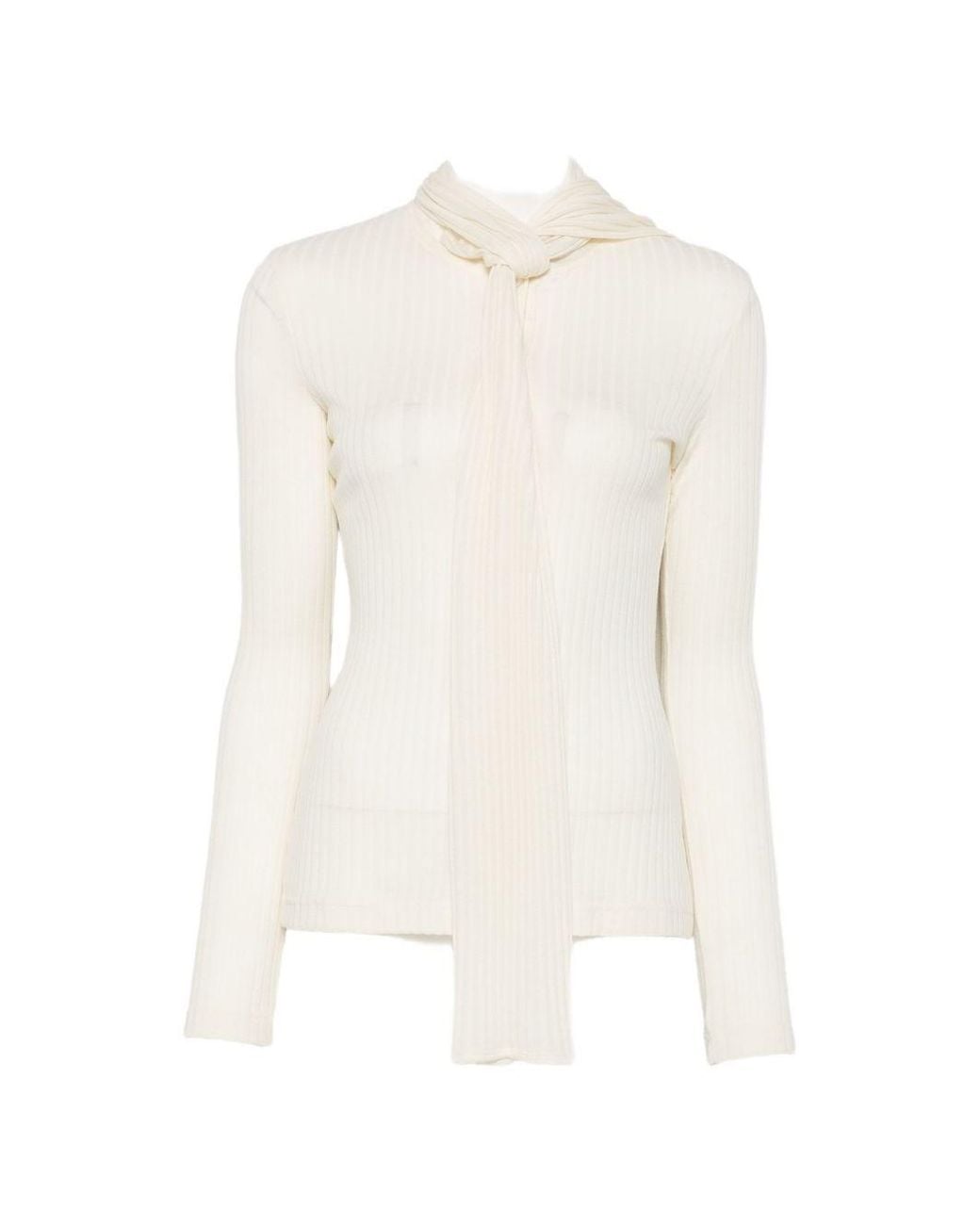 Totême White Ribbed Bow Blouse