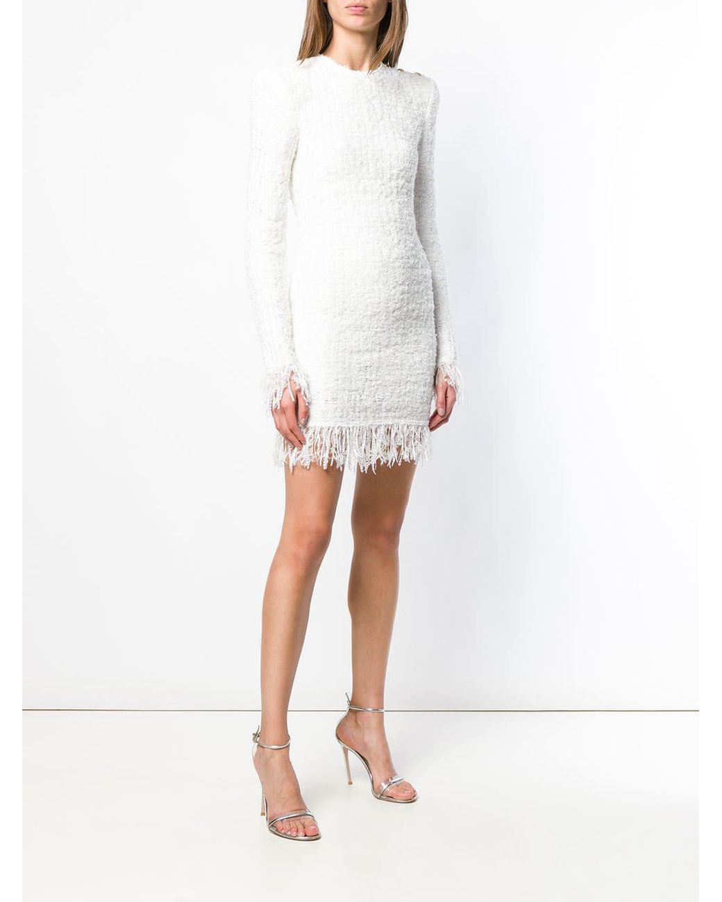 Balmain Fringed Tweed Dress in White