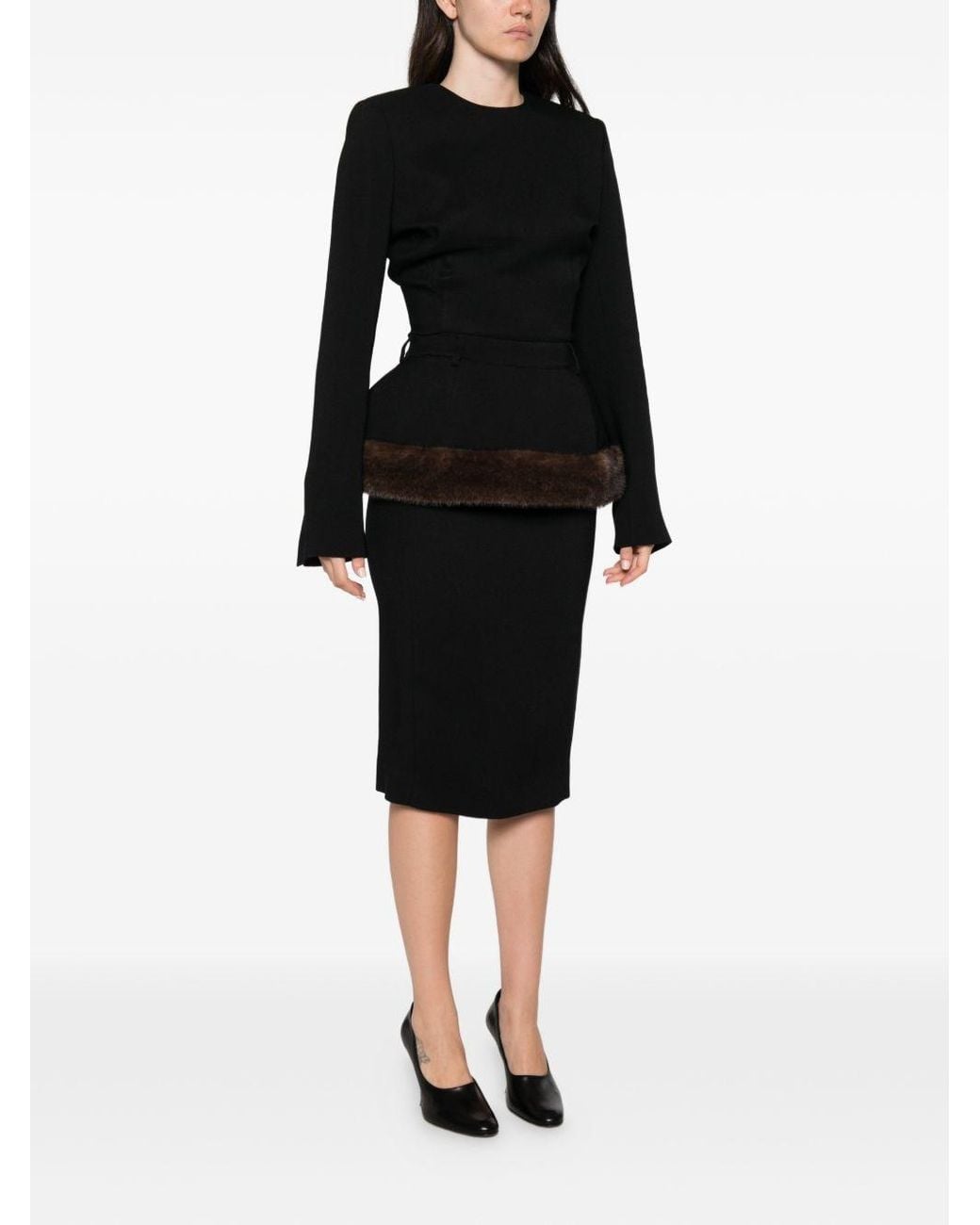 Stella McCartney Black Belted Faux Fur Trimmed Midi Dress