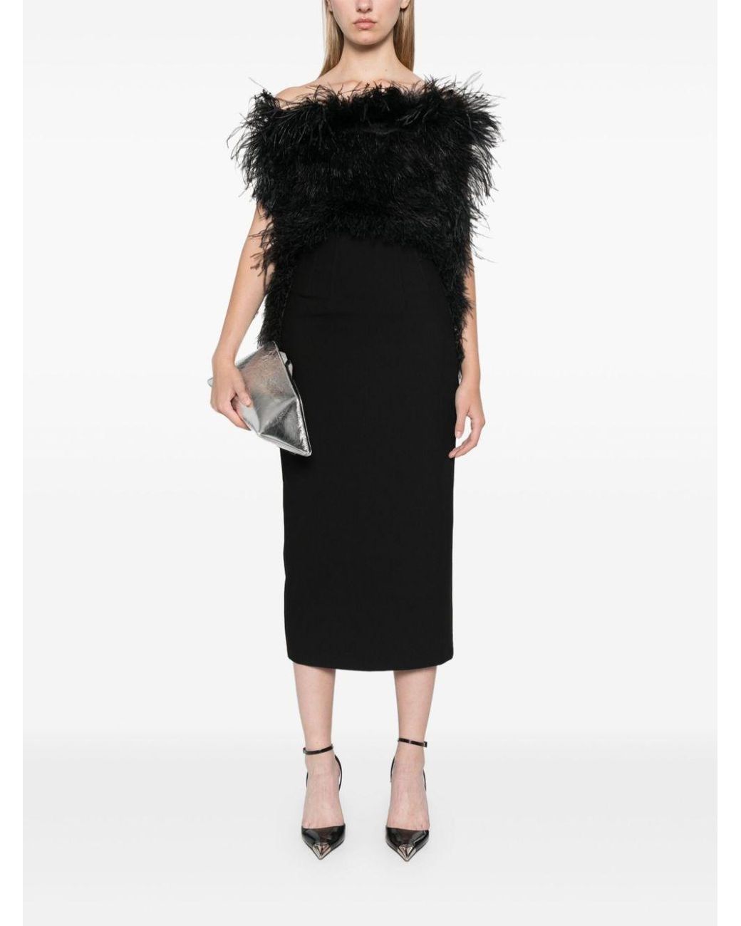 Sportmax Black Interlock Twill Weave Ostrich Feather Dress