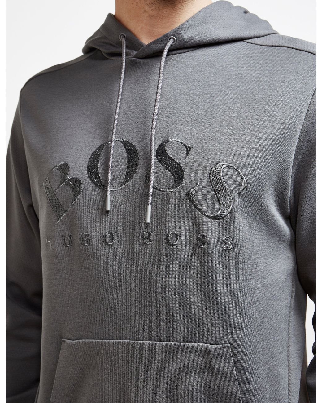 Mens Clothing Activewear for Men Grey gym and workout clothes Hoodies BOSS by HUGO BOSS Soody Curved Logo Organic Cotton Hooded Sweatshirt in Grey 