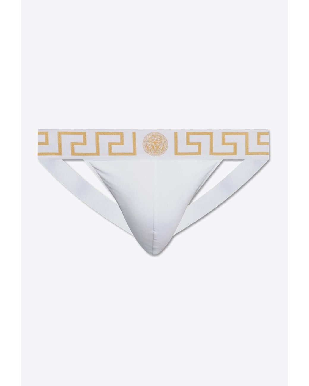 Versace White Greca Border Jockstrap With Elastic Waistband for men