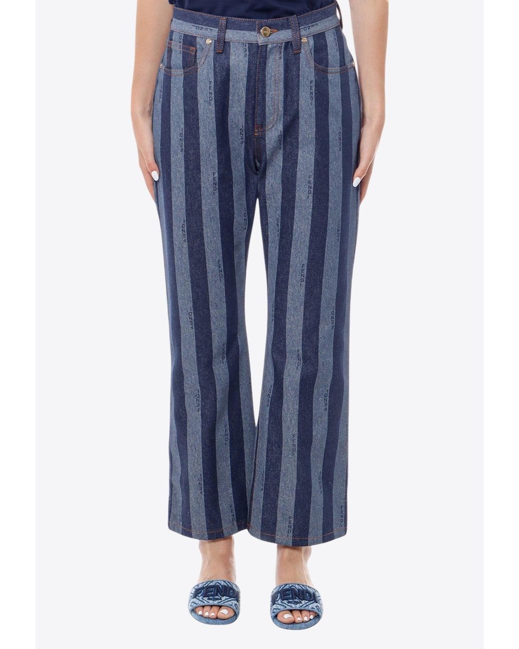 Fendi Blue Logo Patch Striped Flared Jeans
