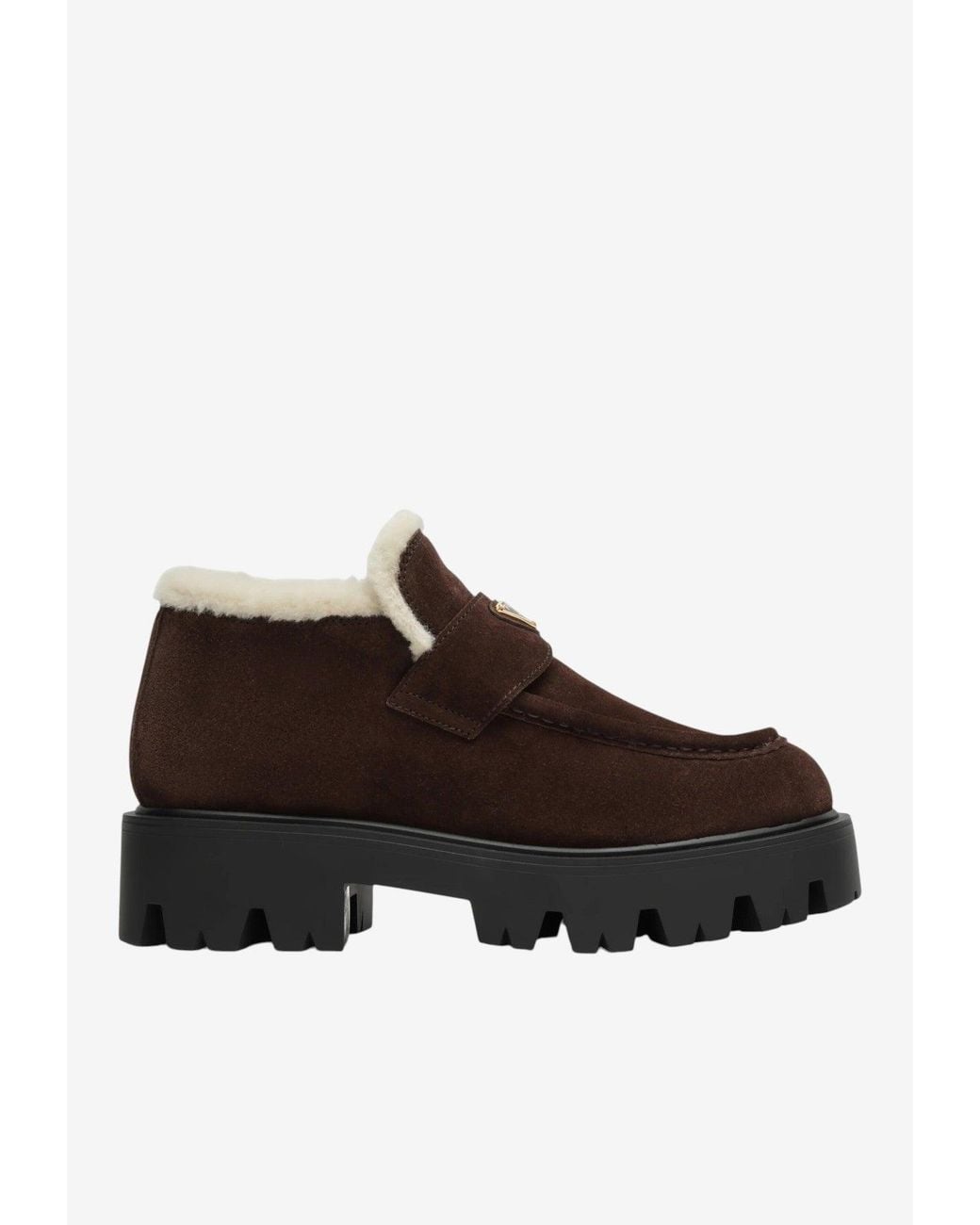 Prada Brown Triangle Logo Suede Loafers