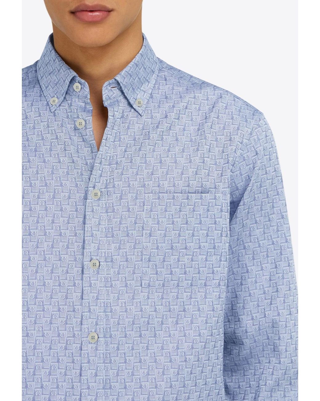 Ferragamo Blue Logo Monogram Button-Up Shirt for men