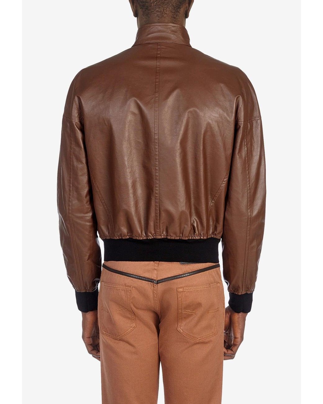 Ferragamo Brown Zip-Up Leather Bomber Jacket for men
