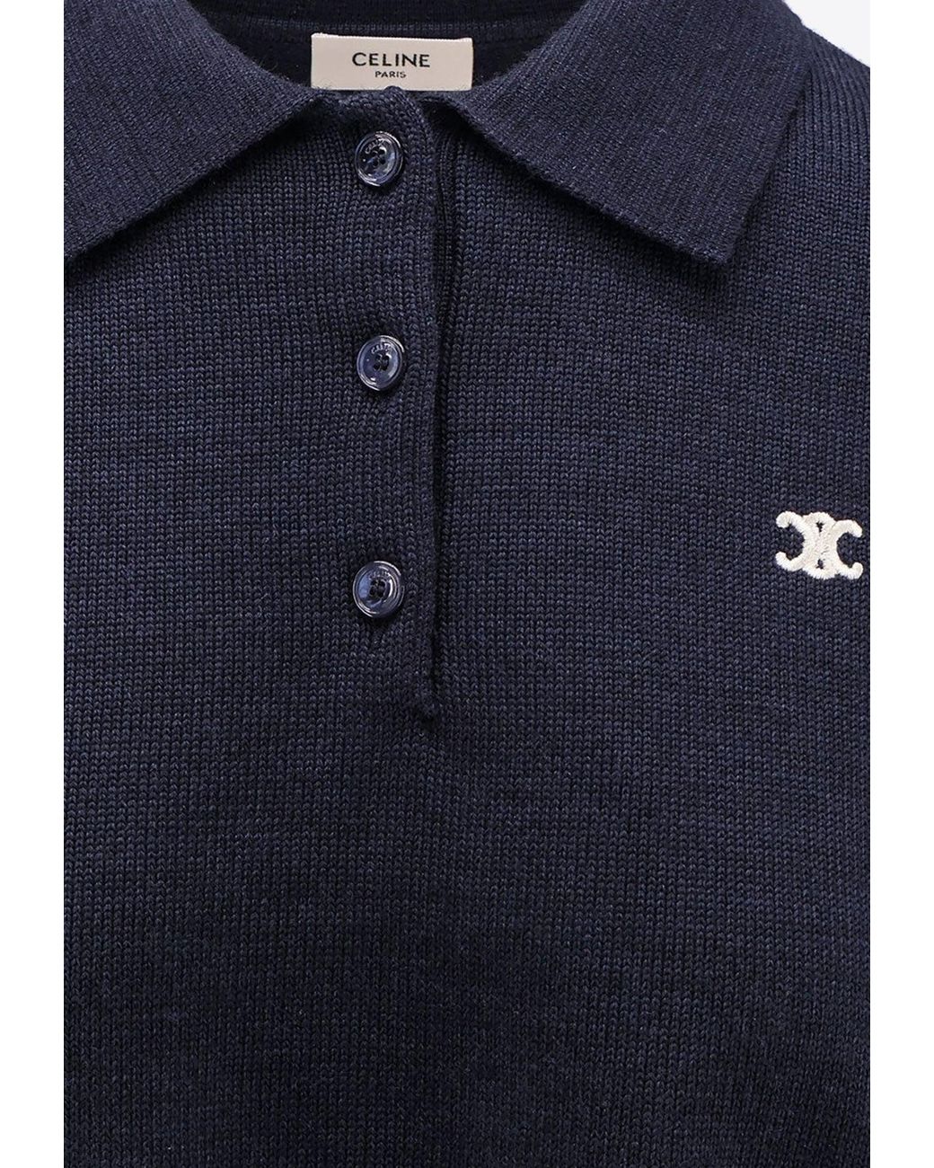 Celine Triomphe Cropped Wool Polo T-Shirt in Blue | Lyst