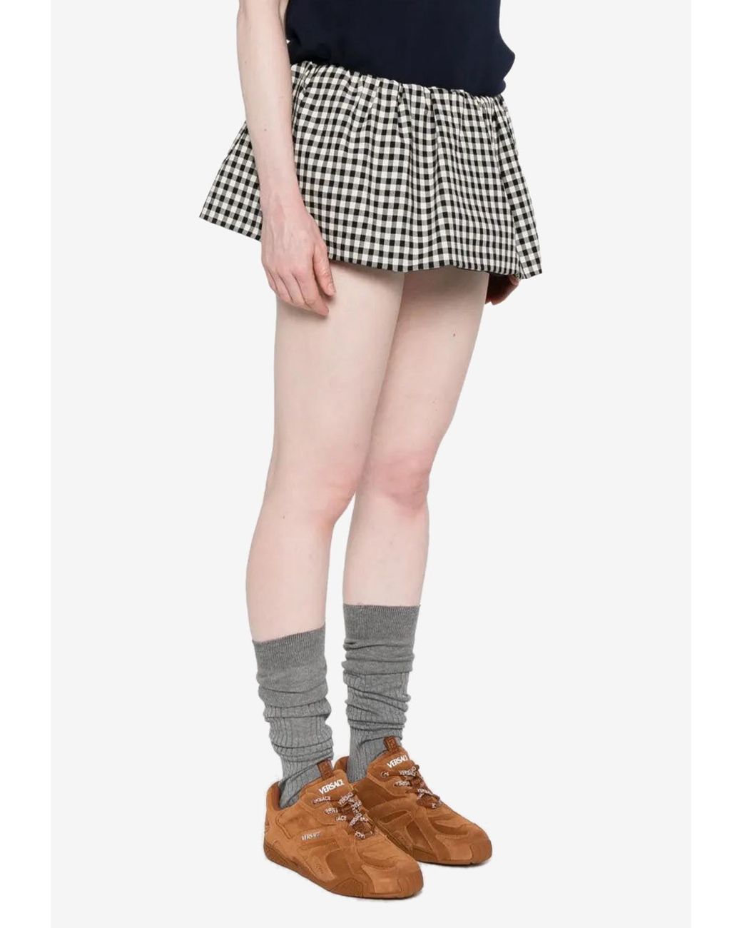 Miu Miu Gingham Check Logo Mini Skirt in Black | Lyst