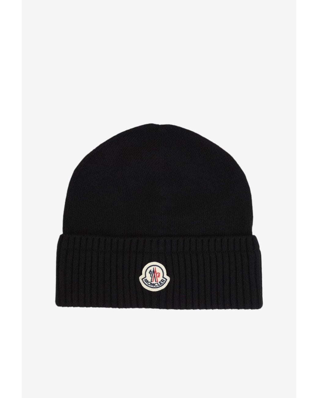 Moncler Black Logo Patch Ribbed Wool Beanie for men