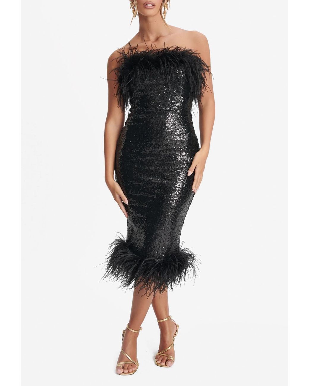 Black Feather Trim Bandeau Draped Wrap Midi Dress