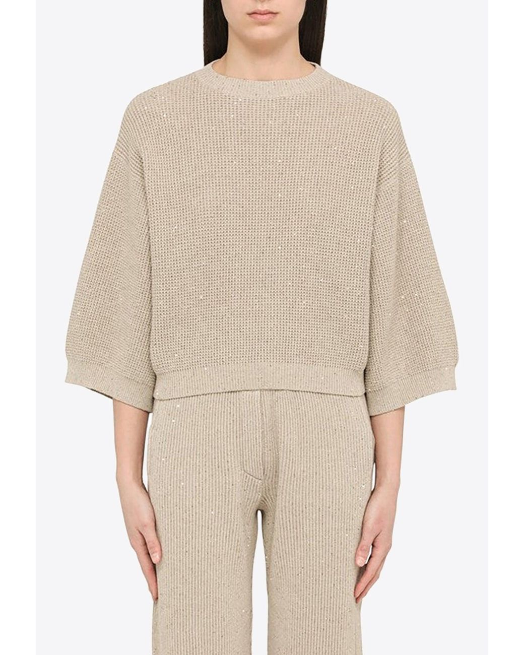 Brunello Cucinelli Sequin Embellished Knit Sweater in Natural | Lyst
