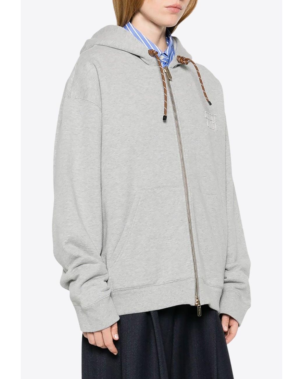 Miu Miu Zip-Up Hooded Sweatshirt in Gray | Lyst Miu Miu Zip-Up Hooded Sweatshirt in Gray | Lyst