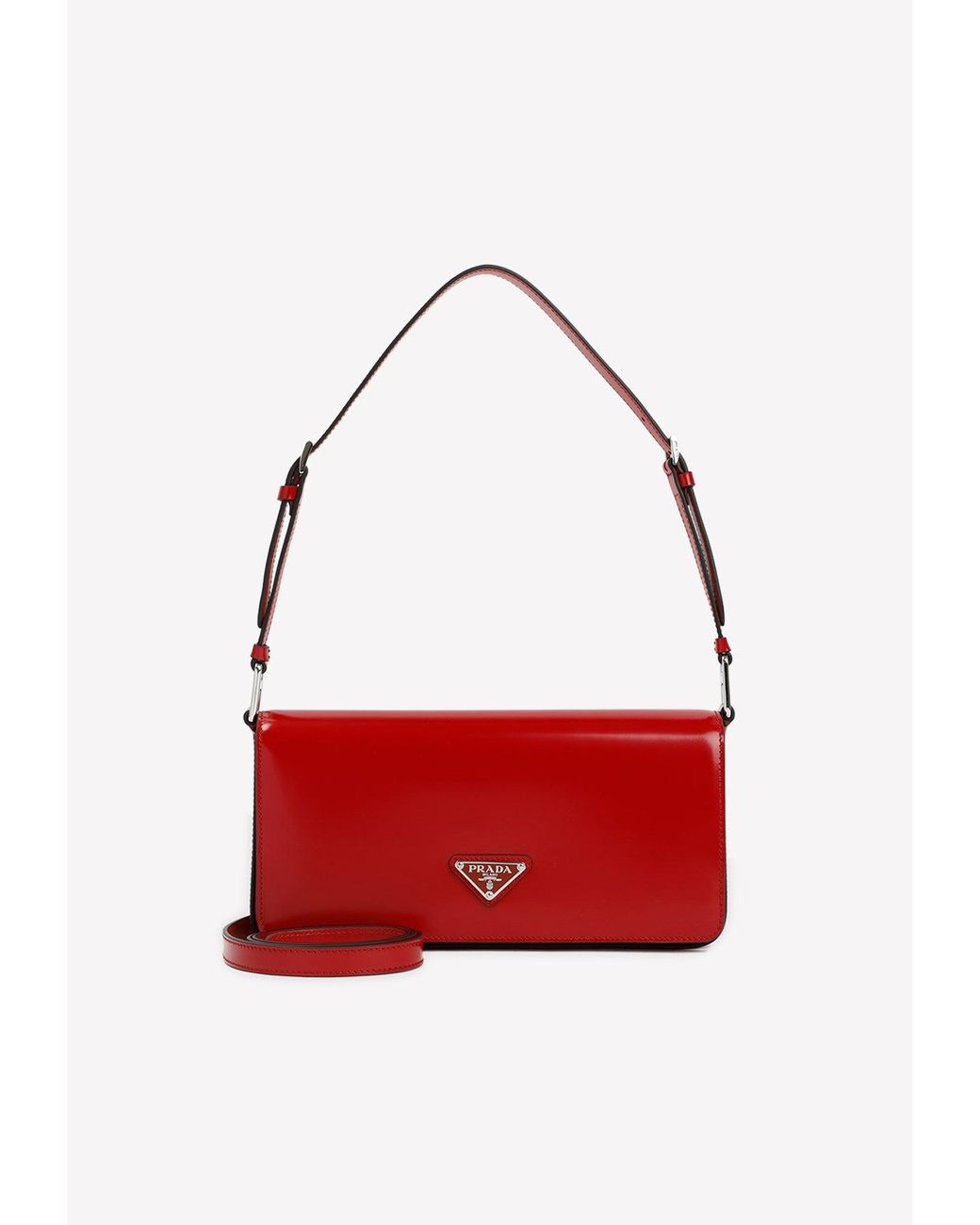 Prada Logo Plaque Shoulder Bag In Brushed Leather in Red | Lyst