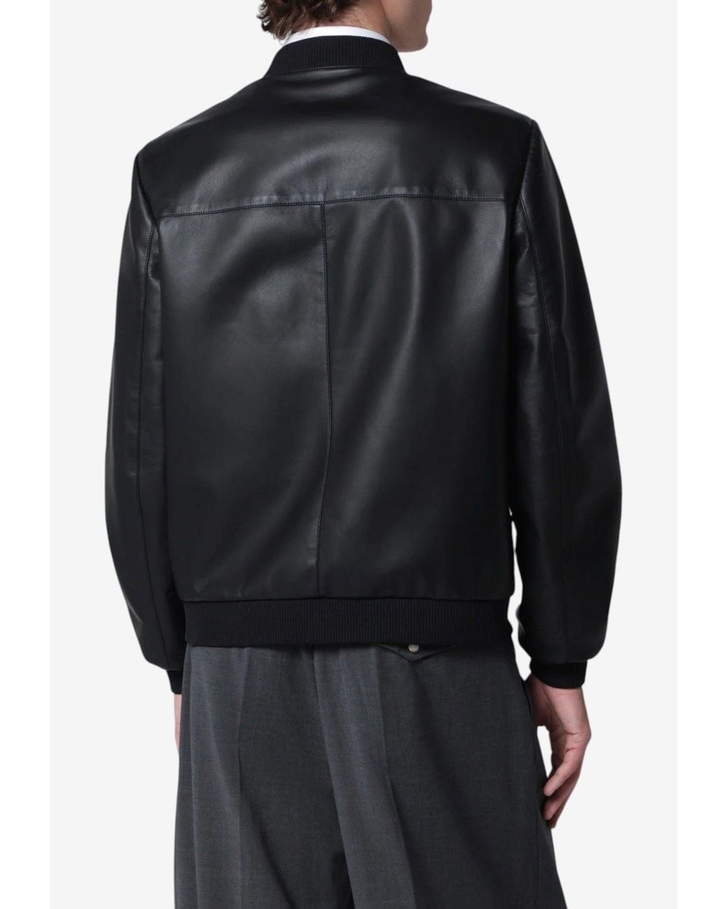 Prada Black Triangle Logo Zip-Up Leather Bomber Jacket for men