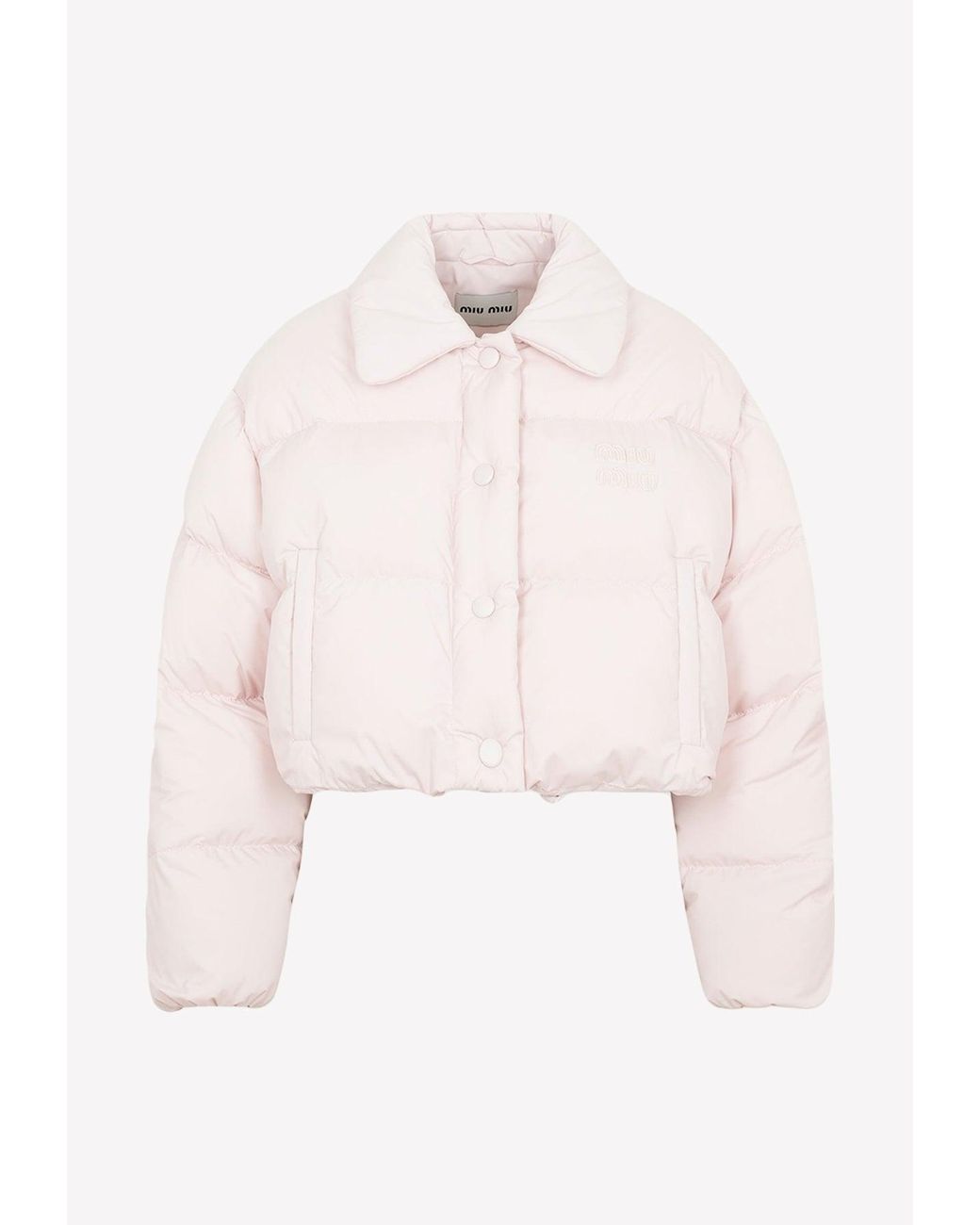 Miu Miu Cropped Down Jacket With Logo in Pink | Lyst