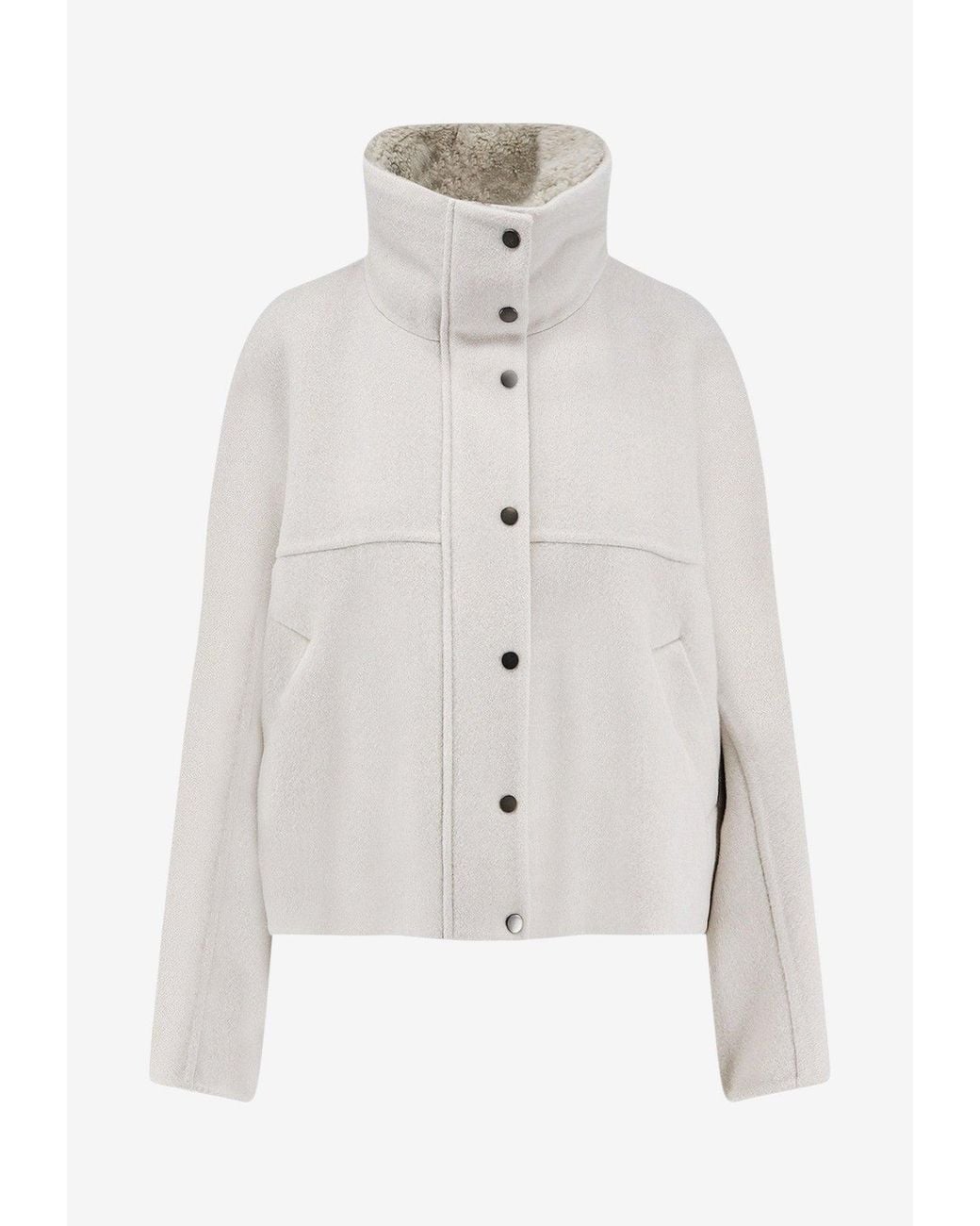 Brunello Cucinelli White High-Neck Wool Buttoned Jacket