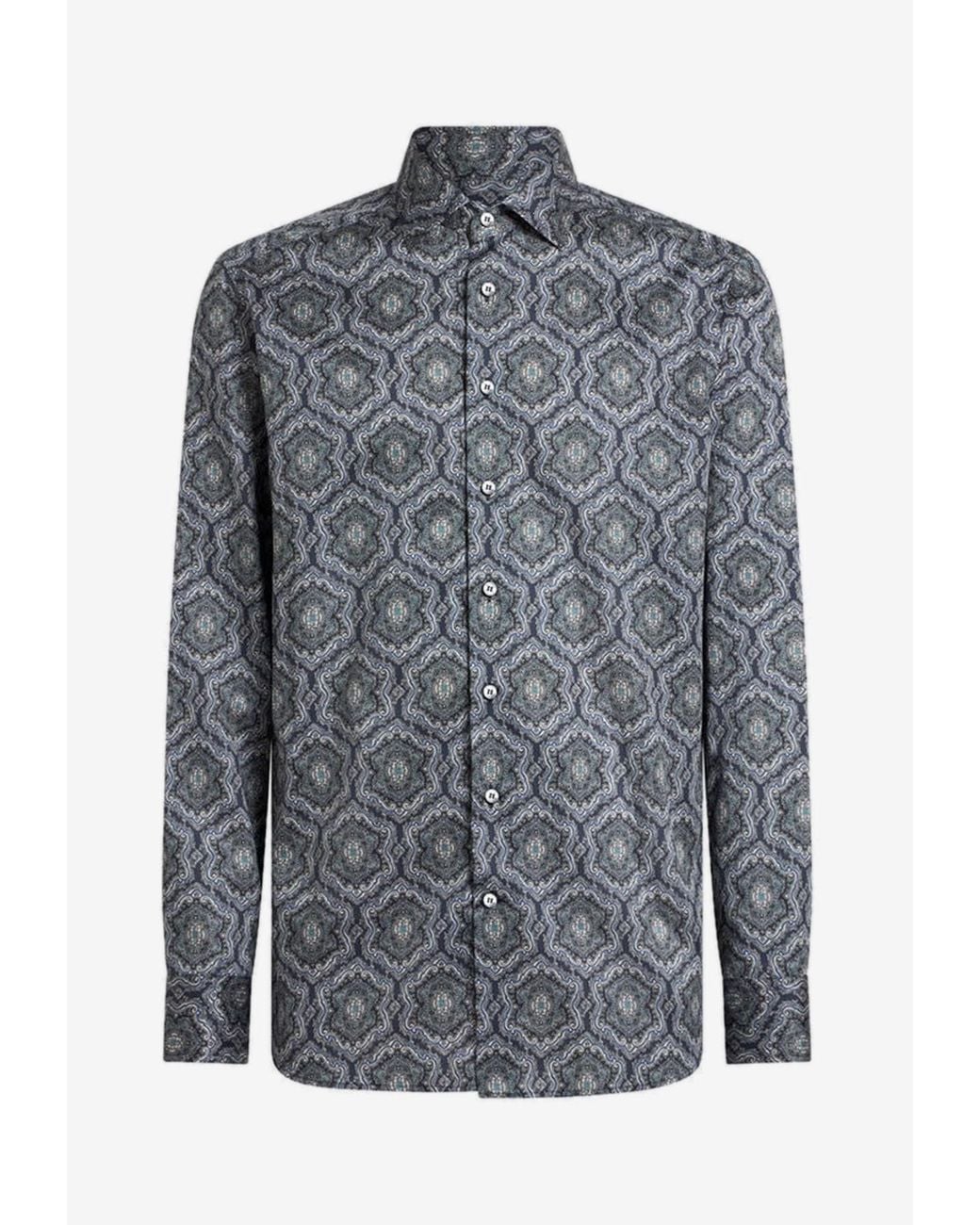 Etro Gray Abstract Print Button-Up Shirt for men