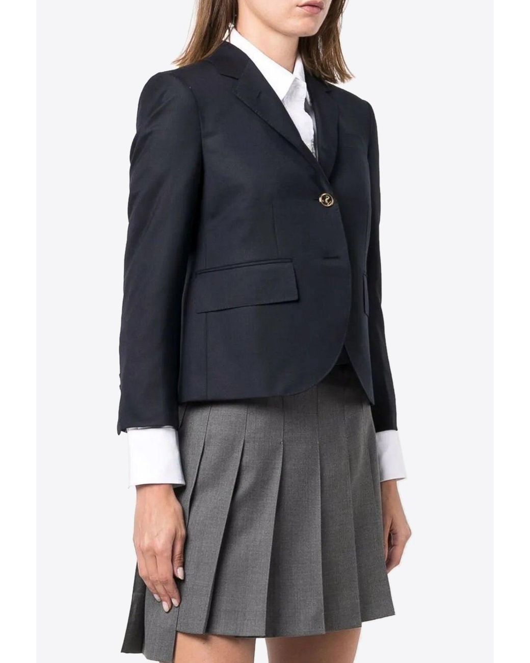Thom Browne Blue Single-Breasted Wool Cropped Blazer