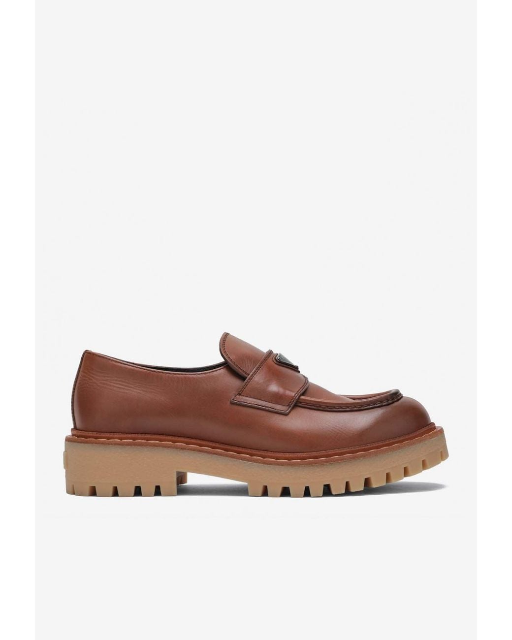 Prada Brown Triangle Logo Leather Loafers for men