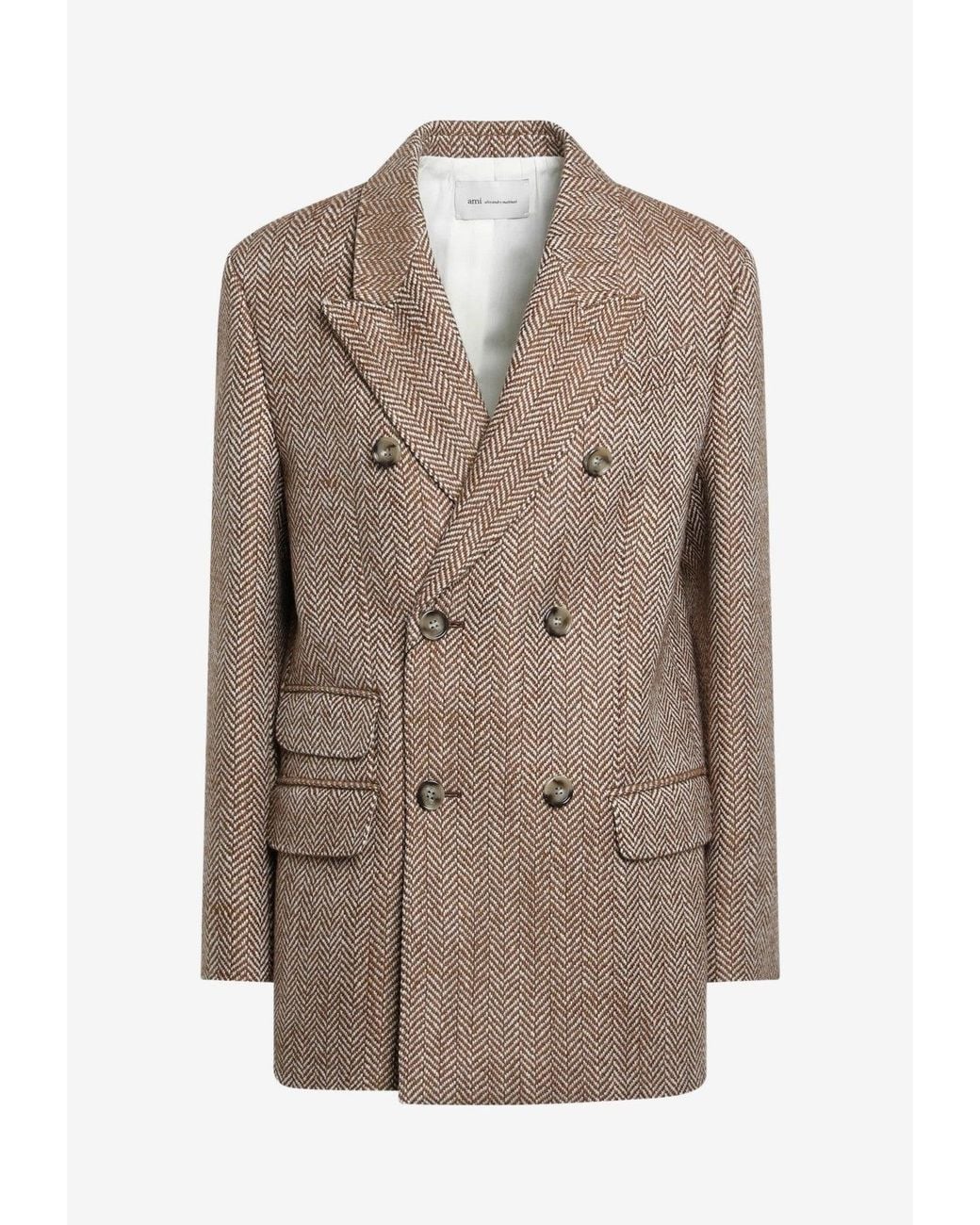 AMI Brown Herringbone Double-Breasted Wool Blazer